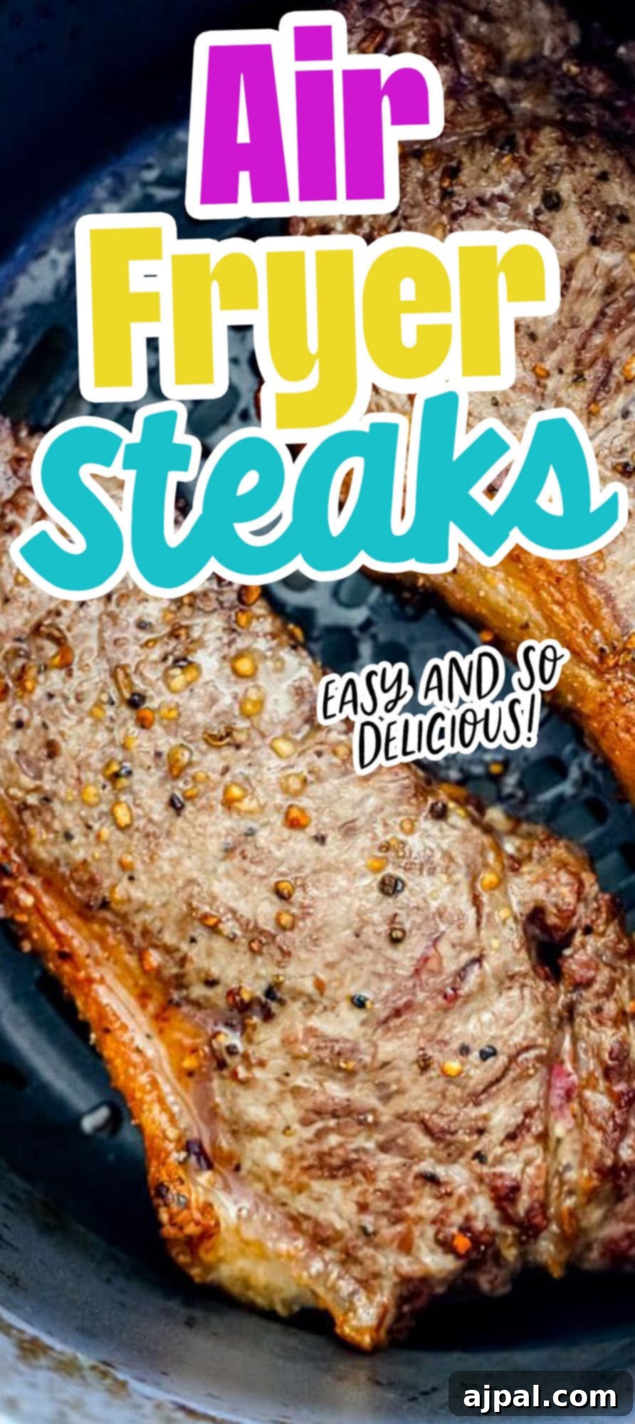 Master Your Air Fryer Steaks 11 Two perfectly cooked steaks showcasing a deep brown crust and juicy interior, resting inside an air fryer basket.