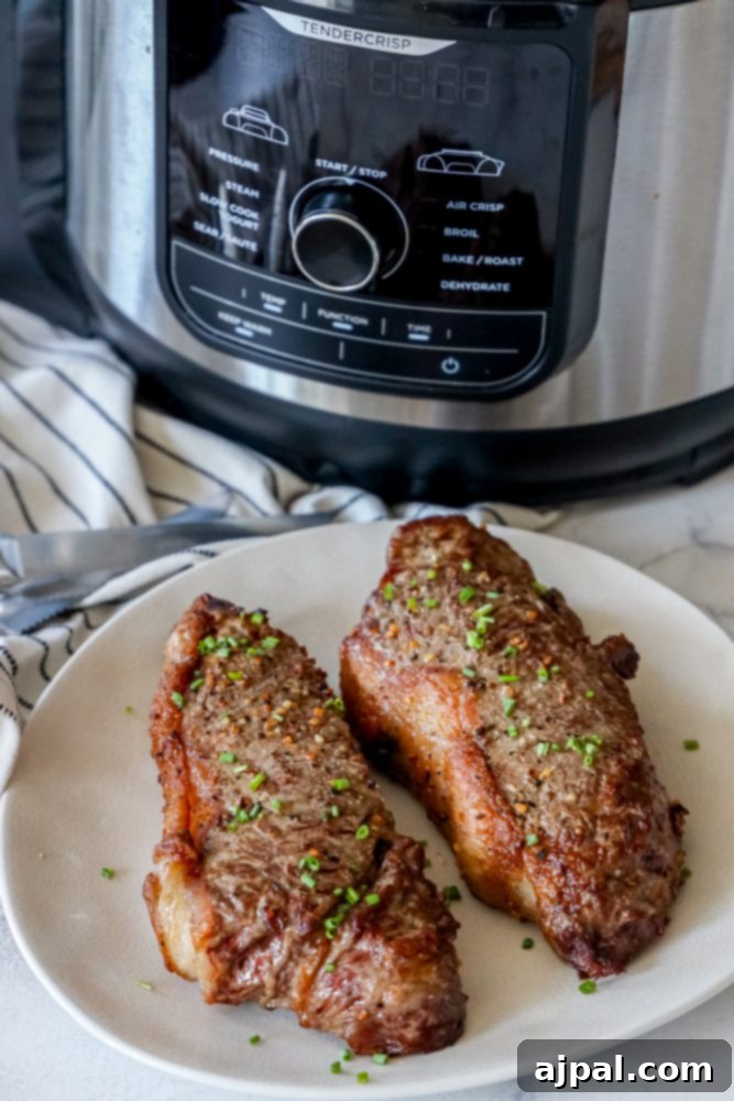 Master Your Air Fryer Steaks 4 Two perfectly air-fried steaks on a white plate, garnished with fresh herbs, ready to be served.