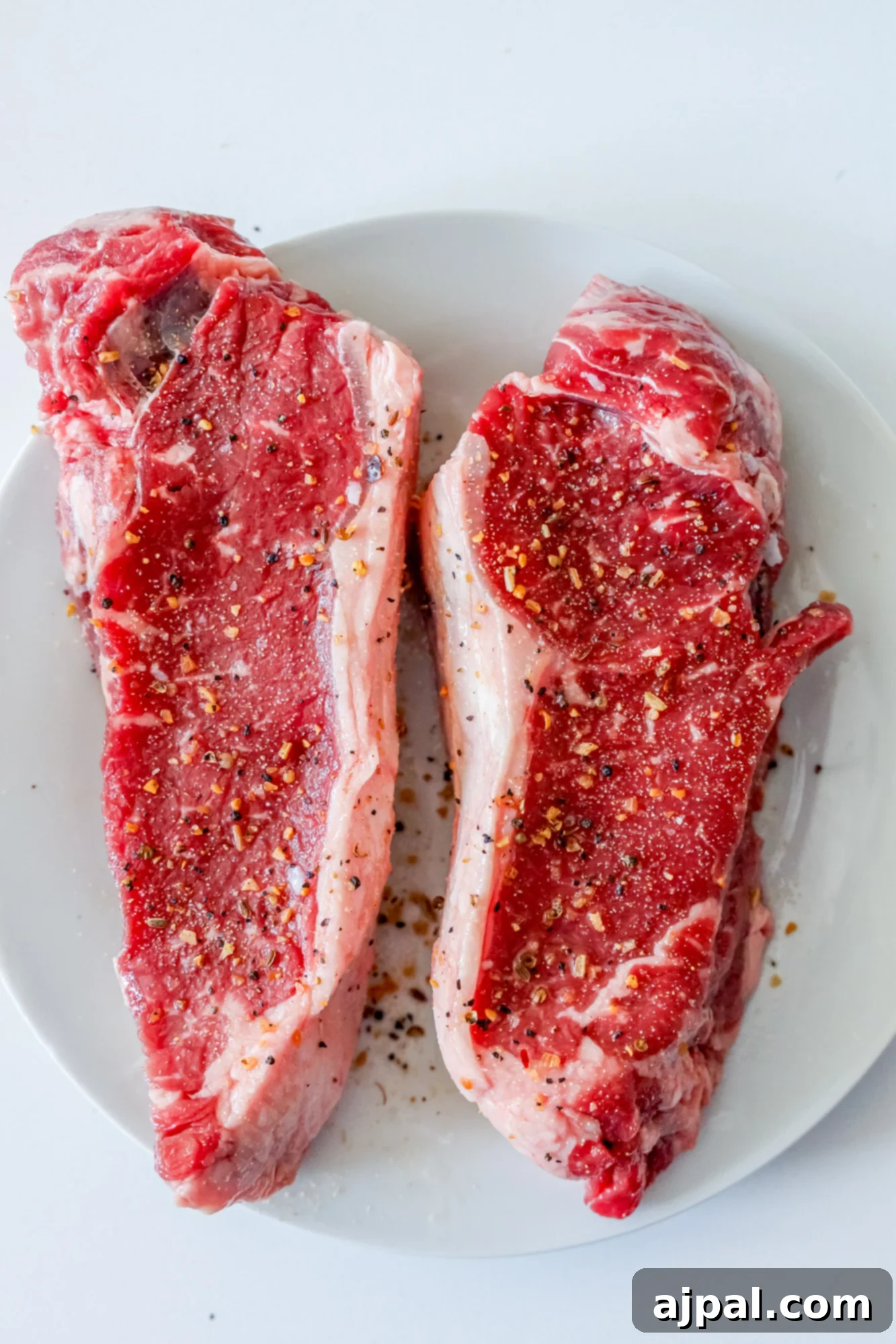 Master Your Air Fryer Steaks 5 A raw steak being patted dry with a paper towel on a white plate, preparing it for air frying.
