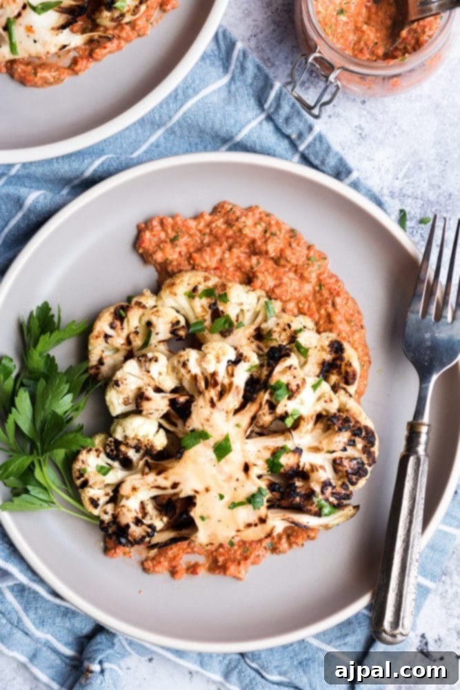 Effortless Cauliflower Steaks with Tangy Red Pepper Sauce 2 Cauliflower steak with vibrant red pepper sauce on a plate, ready to be enjoyed with a fork.