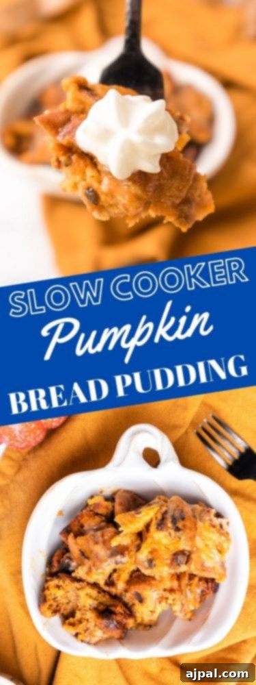 Slow Cooker Pumpkin Bread Pudding: A Cozy Autumn Dessert 11 A vertical close-up of a serving of pumpkin bread pudding with whipped cream and a fork, highlighting its texture.