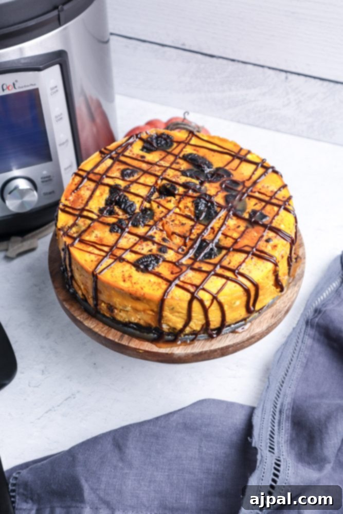 Instant Pot Pumpkin Oreo Dream Cheesecake 2 A vibrant pumpkin Oreo cheesecake slice next to an Instant Pot, showcasing its rich texture and delicious appeal.