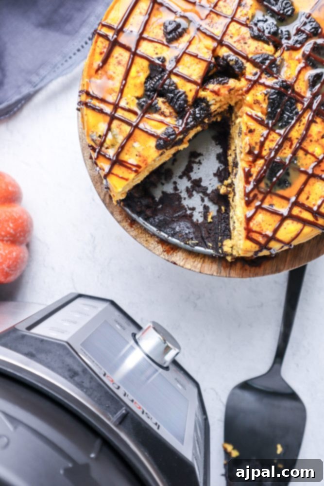 Instant Pot Pumpkin Oreo Dream Cheesecake 4 A whole Instant Pot pumpkin cheesecake resting on a trivet, with a pressure cooker nearby.