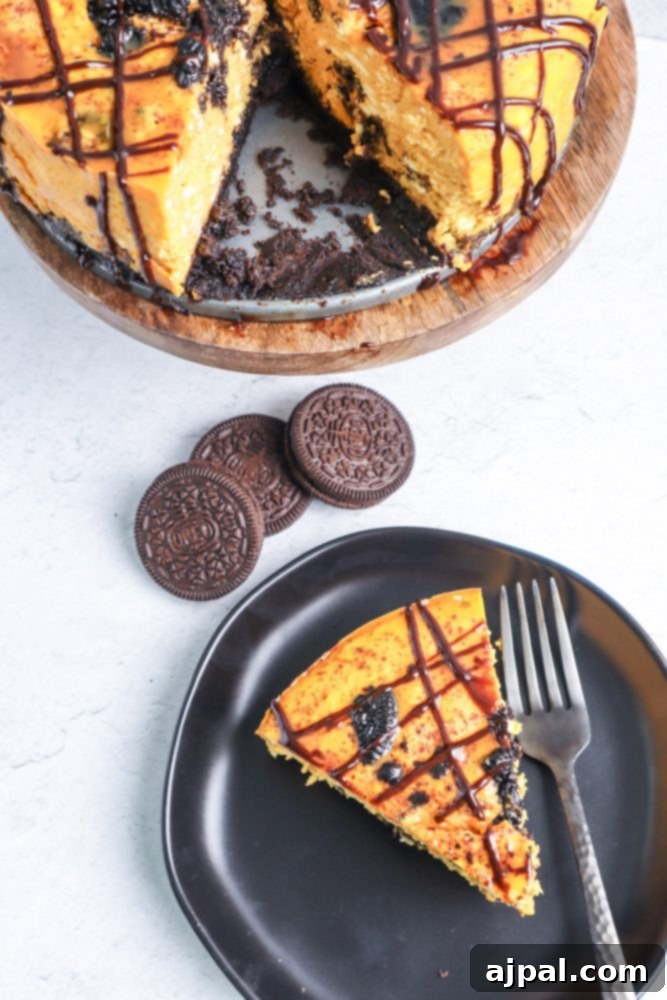 Instant Pot Pumpkin Oreo Dream Cheesecake 6 A beautifully baked Instant Pot Pumpkin Oreo Cheesecake, with a slice removed, revealing its creamy layers.