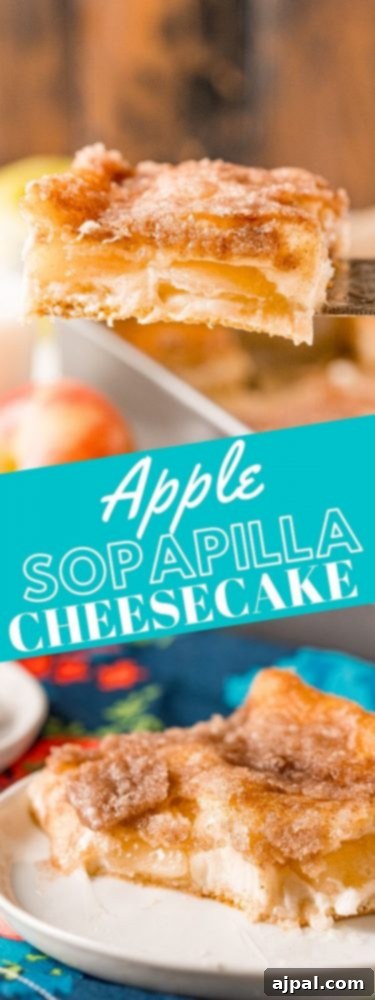 A tall, vertical image of a baked apple sopapilla cheesecake slice on a plate, emphasizing its layers.