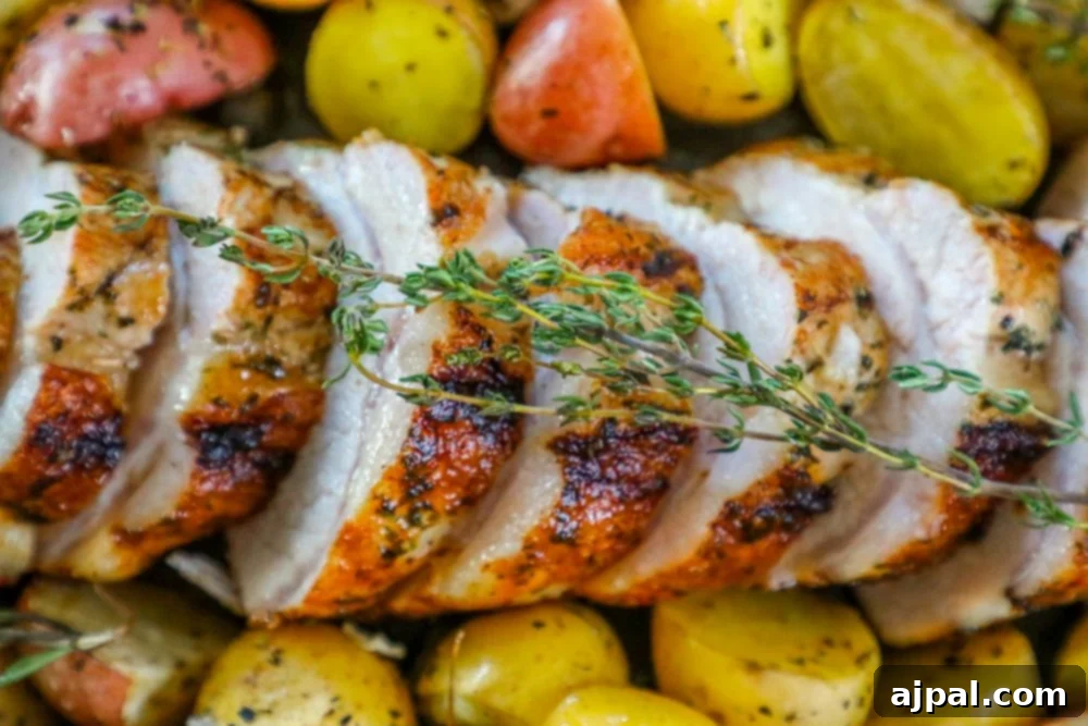 Perfectly roasted pork loin and seasoned potatoes with onions and a sprig of rosemary in a baking pan.