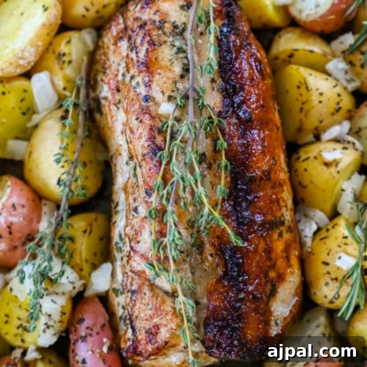 Sheet pan with roasted pork loin, potatoes, and herbs, glistening with garlic butter.