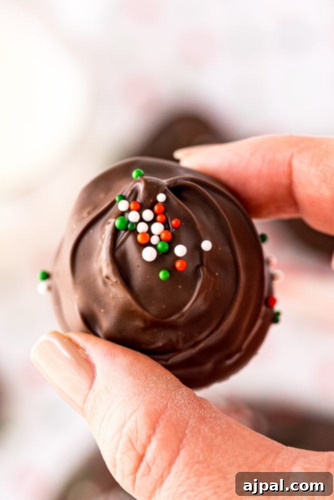 A hand lovingly holds a single chocolate-covered buttercream candy, adorned with festive green, white, and red sprinkles, showcasing its delightful appeal.