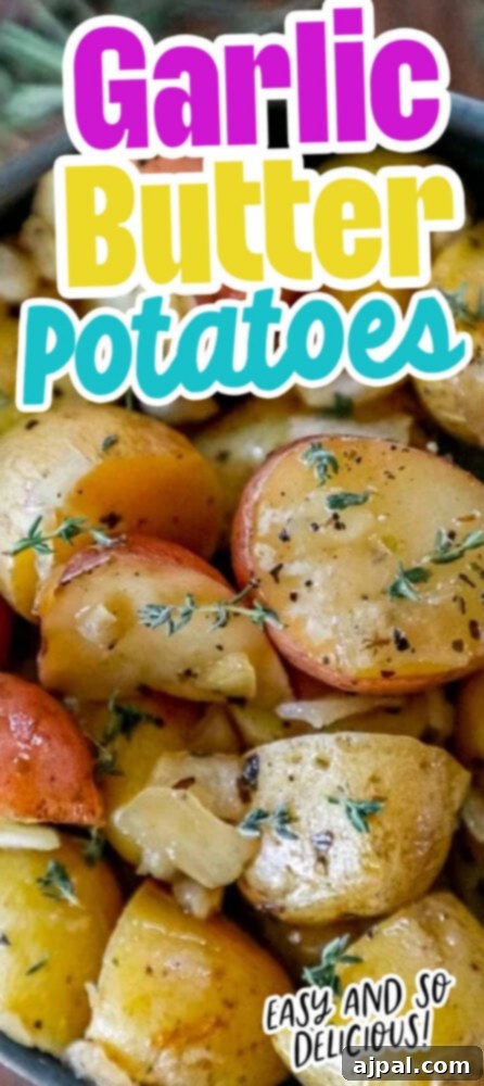 Garlic butter potatoes in a skillet with thyme, prepared using a recipe for roasted baby potatoes.