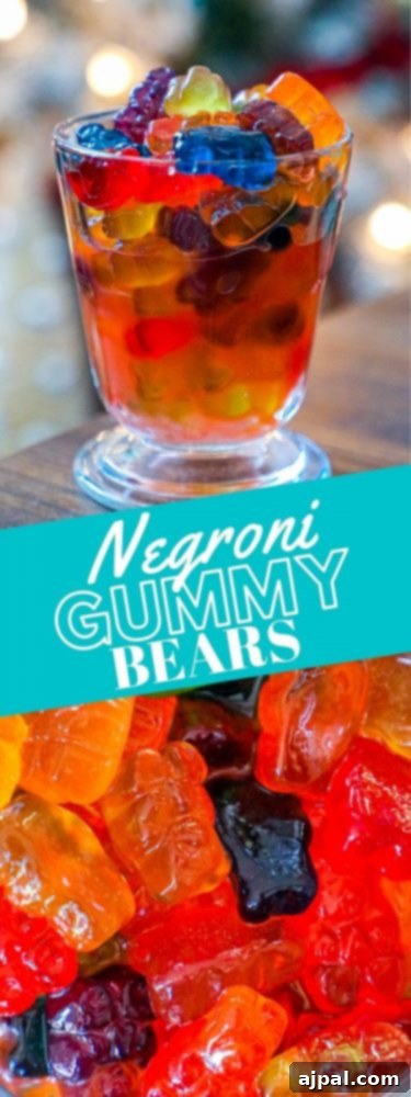 A bowl of glossy, red-orange Negroni gummy bears, ready to be enjoyed as a sophisticated adult treat.
