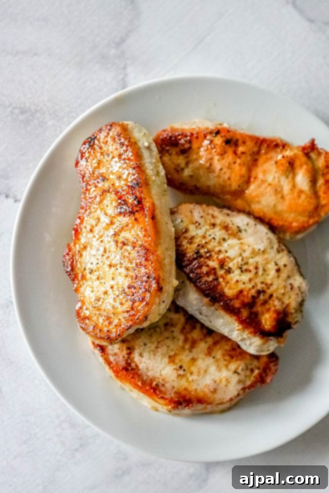 Picture of two air-fried pork chops served elegantly on a pristine white plate, garnished with fresh herbs.