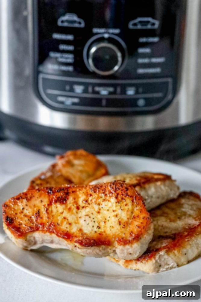 Close-up shot of a plate of air-fried pork chops placed next to an Instant Pot with an air fryer lid, indicating multi-functionality.