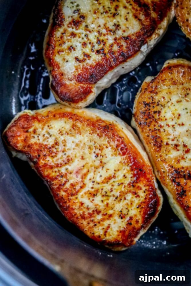 A close-up view of succulent air-fried pork chops nestled in the basket of an Instant Pot with its air fryer lid, highlighting the golden-brown crust.