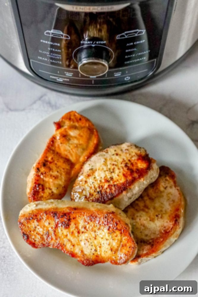 An appetizing close-up of a plate of air-fried pork chops, perfectly seared and ready to be enjoyed.