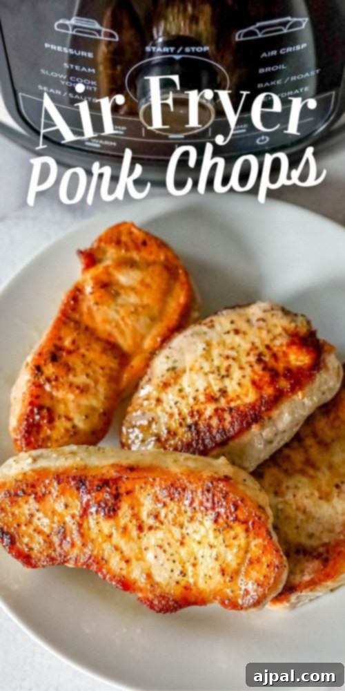 Overhead shot of two perfectly cooked air fryer pork chops on a plate, with the text 'Air Fryer Pork Chops' superimposed.