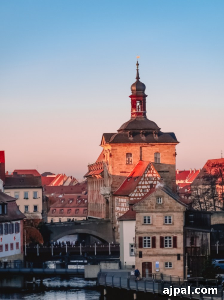 A picturesque city with stunning buildings and a flowing river, poised to host an enchanting Bamberg Germany Christmas Market.