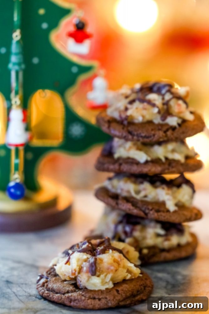 Coconut Pecan German Chocolate Cookies 8 Chocolate cookies topped with coconut and chocolate German topping stacked by a Christmas tree.