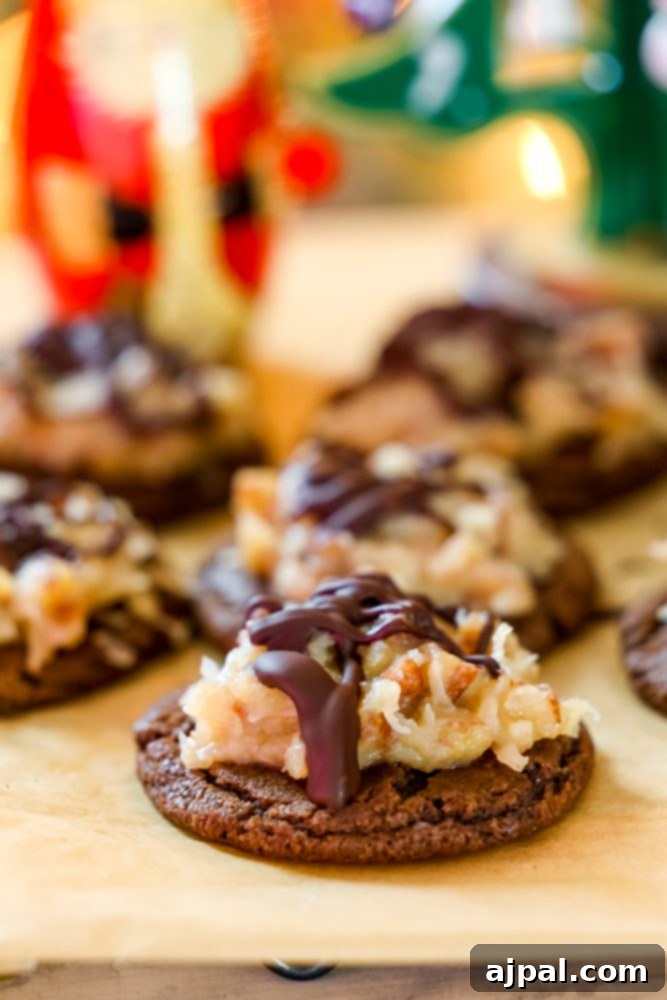 Coconut Pecan German Chocolate Cookies 3 Plate of rich German Chocolate Cookies on a rustic wooden board, ready to be enjoyed.