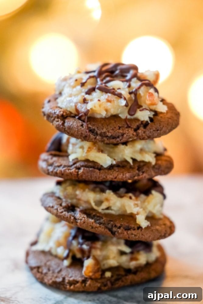Coconut Pecan German Chocolate Cookies 4 Stack of rich chocolate cookies with a sweet coconut and pecan topping, highlighting the textures.