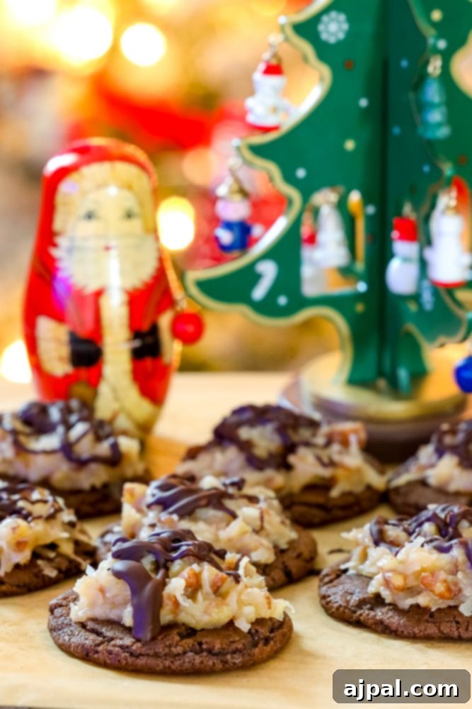 German Chocolate Cookie Dreams 5 chocolate cookies covered in coconut and nut mixture and a drizzle of chocolate