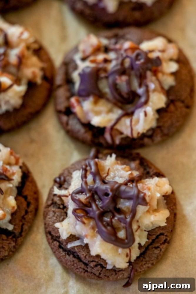 Coconut Pecan German Chocolate Cookies 7 Beautifully iced chocolate cookies with coconut and chocolate drizzle, a delicious treat made from a simple cake mix.