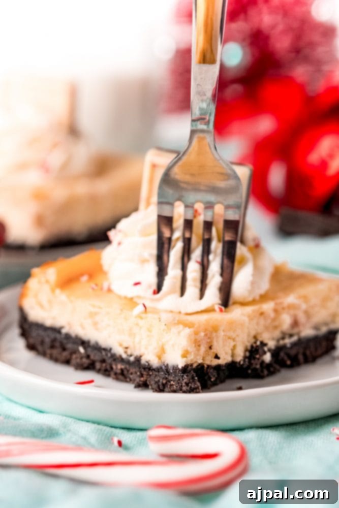 A single slice of peppermint cheesecake bar on a white plate, ready to be enjoyed.