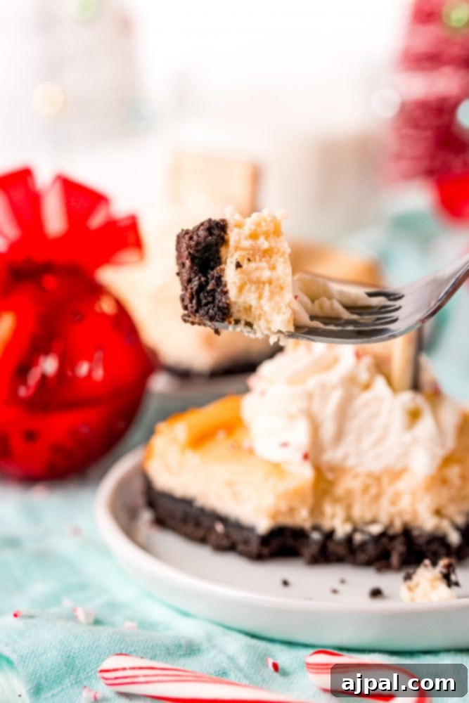 A delectable peppermint cheesecake bar slice, adorned with crushed candy canes.