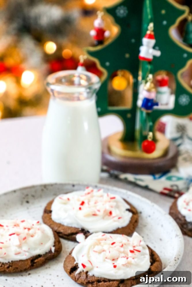 Cool Peppermint Chocolate Glaze Cookies 6 picture of chocolate cookies with frosting and pieces of crushed peppermint candy canes.