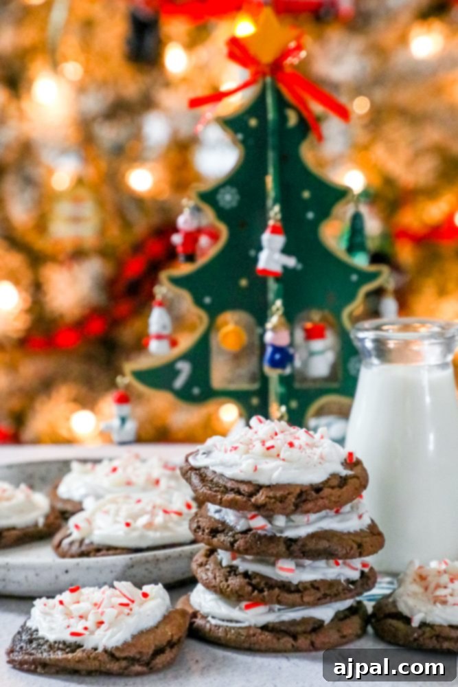 Cool Peppermint Chocolate Glaze Cookies 3 picture of chocolate cookies with frosting and pieces of crushed peppermint candy canes milk and Christmas trees in the background.