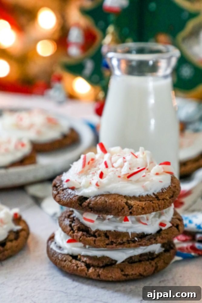 Picture of chocolate cookies with frosting and pieces of crushed peppermint candy canes, accompanied by a glass of milk.