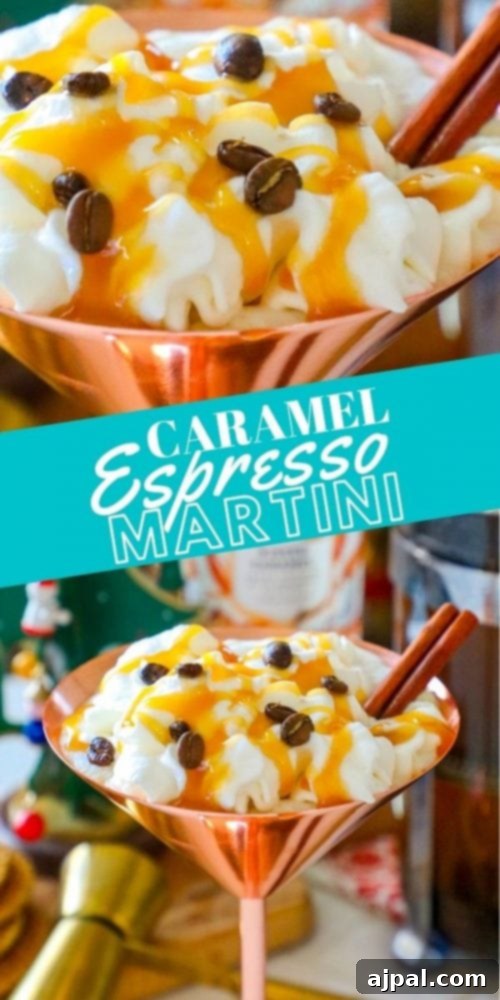 A stunning brass martini glass filled with a creamy Caramel Espresso Martini, artfully garnished with aromatic espresso beans and a elegant cinnamon stick, promising a sophisticated and indulgent experience.