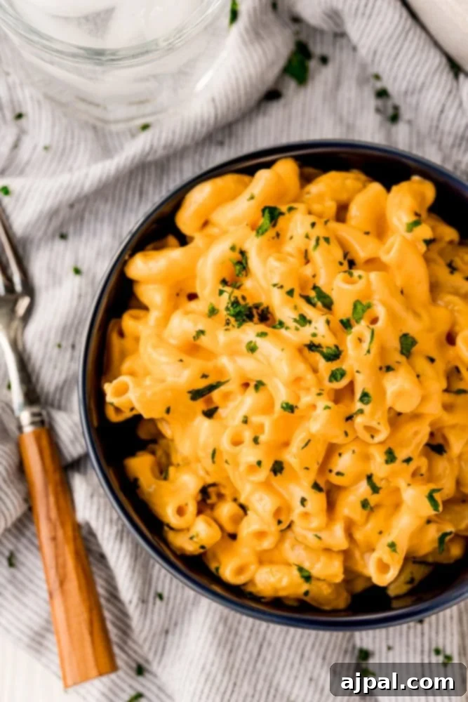 Noodles covered in creamy cheesy sauce with fresh parsley garnish.