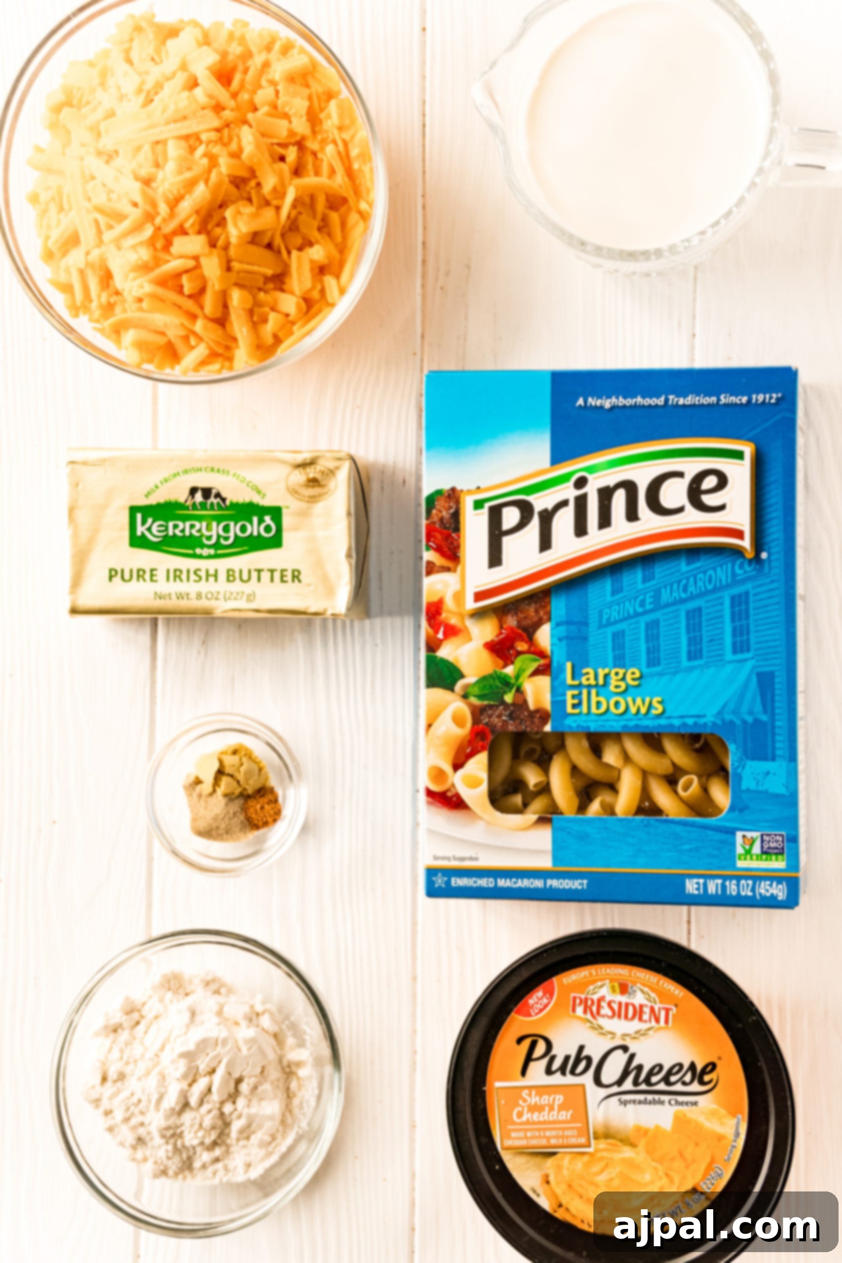 Pub cheese, mac and cheese ingredients.