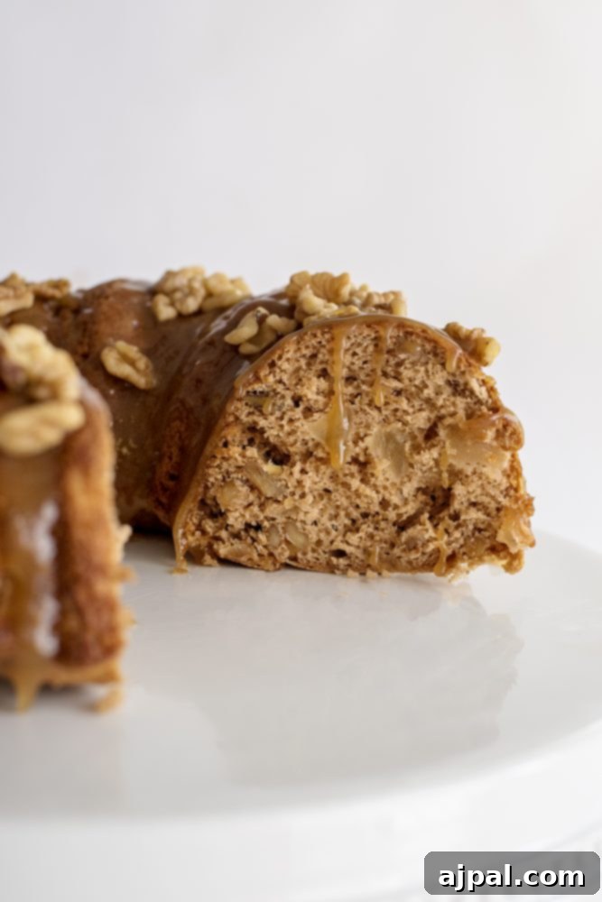 A stunning bundt cake, golden brown and perfectly baked, topped with a generous caramel drizzle and candied apples, ready to impress and be served.