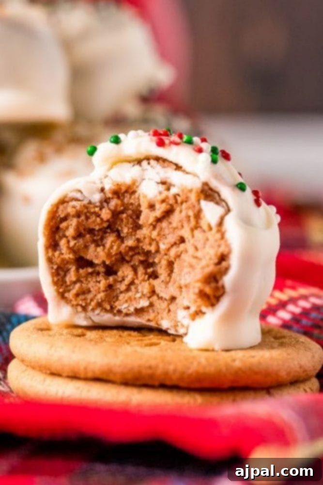 A perfectly crafted gingerbread truffle with a bite taken out, revealing its rich interior and smooth white chocolate coating.