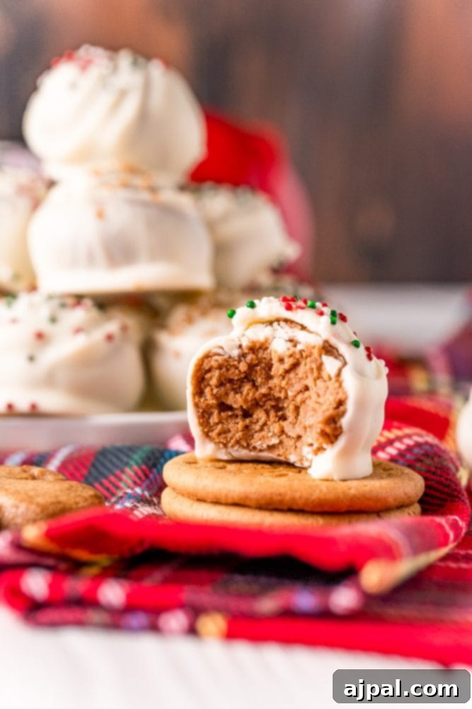 A stack of gingerbread truffles with a bite taken out of one, showcasing the inviting texture and festive appearance.