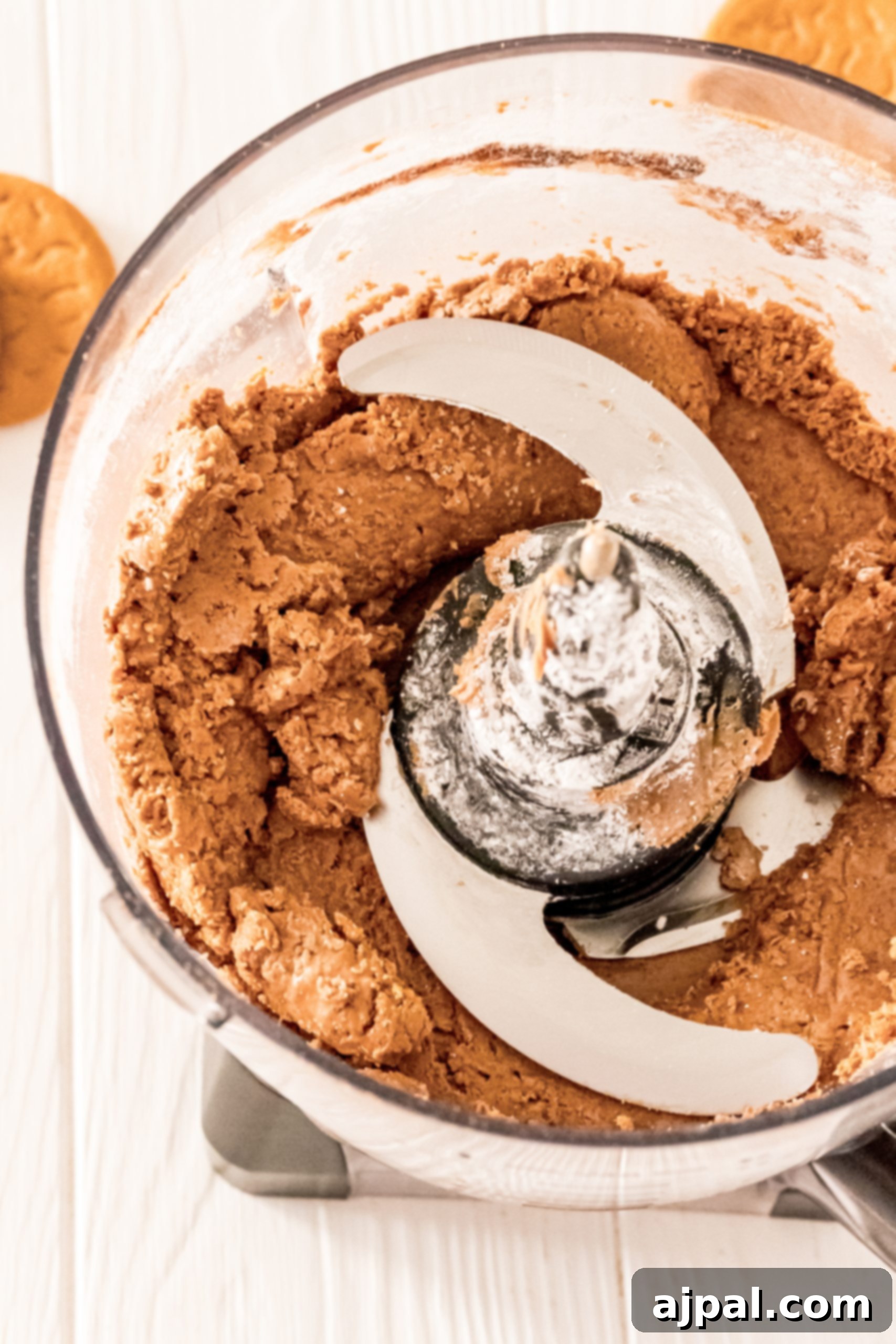Gingerbread cookie dough in a food processor, perfectly mixed and ready to be rolled into truffles.