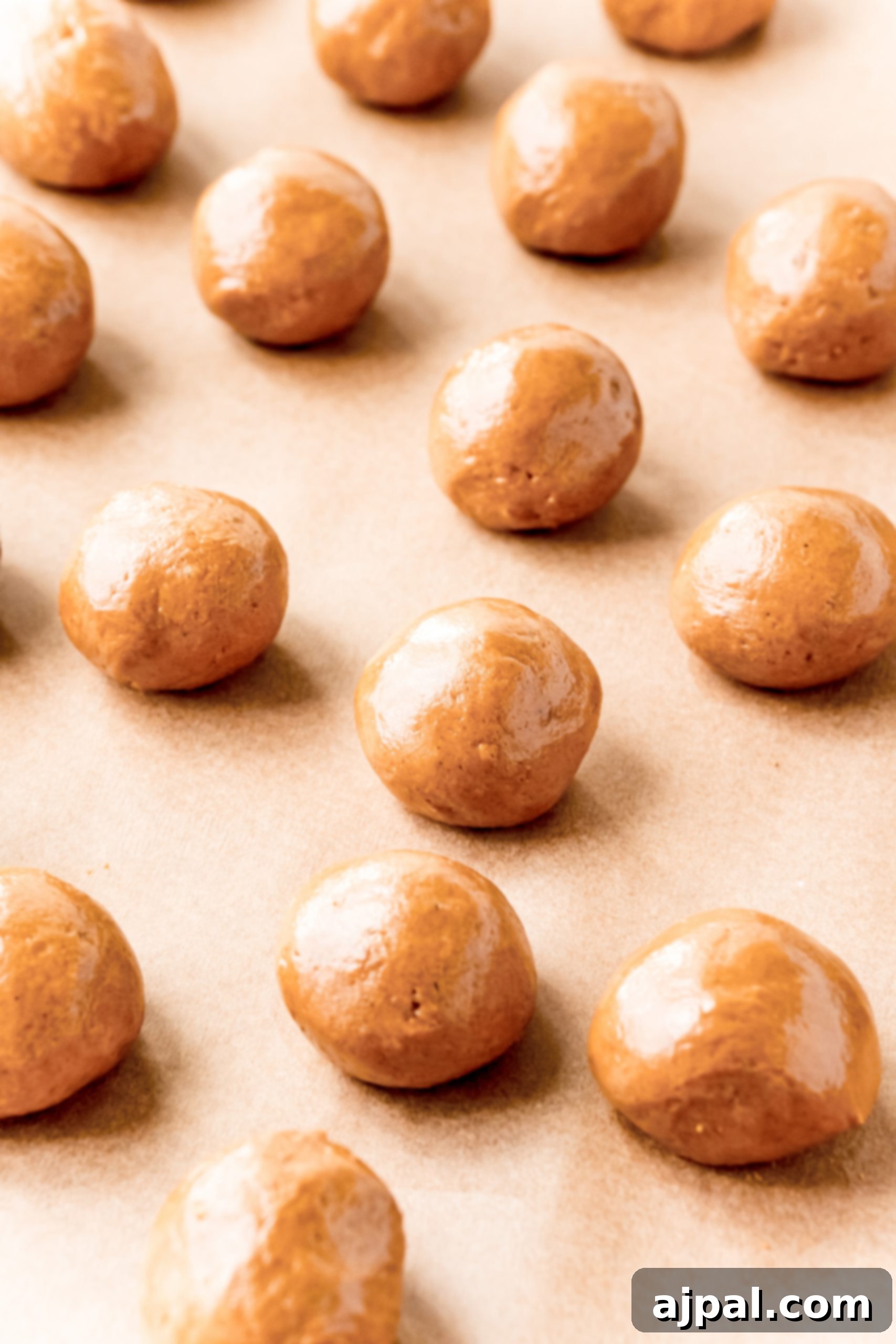 Gingerbread truffles resting on a baking sheet, chilling before their white chocolate coating.