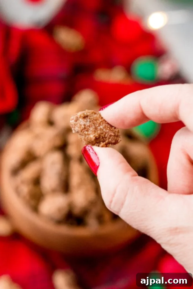 A hand is holding a bowl of candied nuts in front of a Christmas tree.