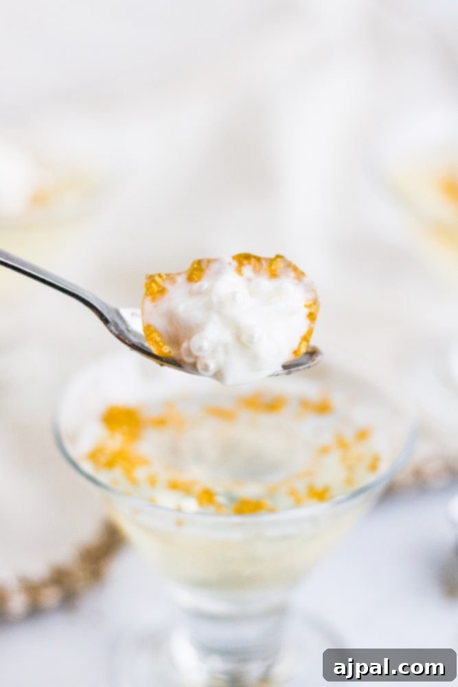 A glistening champagne jello shot scooped out on a spoon, ready to be enjoyed, garnished with a light swirl of whipped cream and a hint of orange zest.