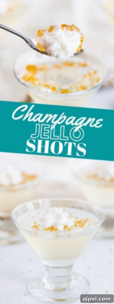A festive champagne jello shot in a glass with a spoon, made using a simple Jell-O shot recipe, perfect for celebrations.