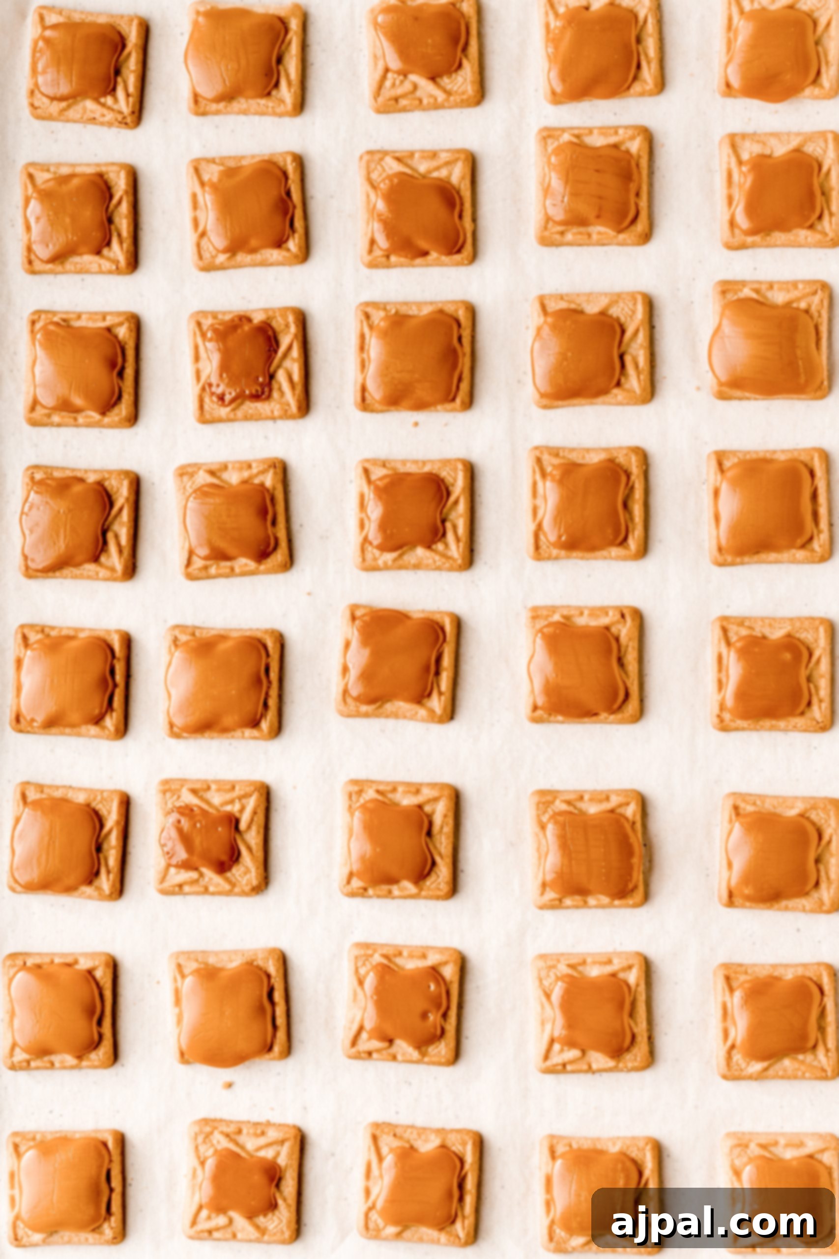 Decadent Millionaire Shortbread Bites Made Easy 11 A pristine baking sheet holds a batch of Easy Millionaire Bars, perfectly aligned and ready for the next delicious step.
