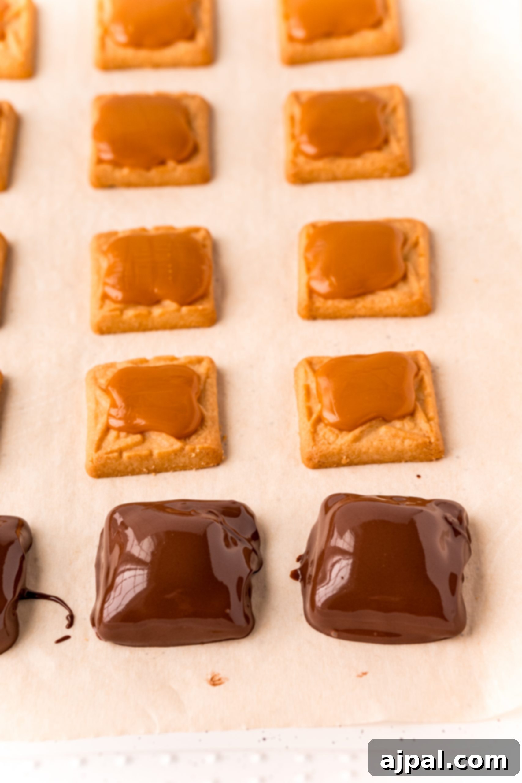 Decadent Millionaire Shortbread Bites Made Easy 14 Easy caramel squares beautifully arranged on a baking sheet, showcasing their golden hue and readiness for the next step in a delicious dessert recipe.