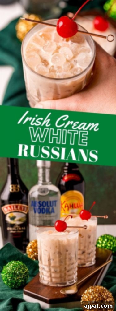 A visually appealing Irish Cream White Russian cocktail, topped with a maraschino cherry, ready to be served, highlighting the creamy texture and inviting presentation.