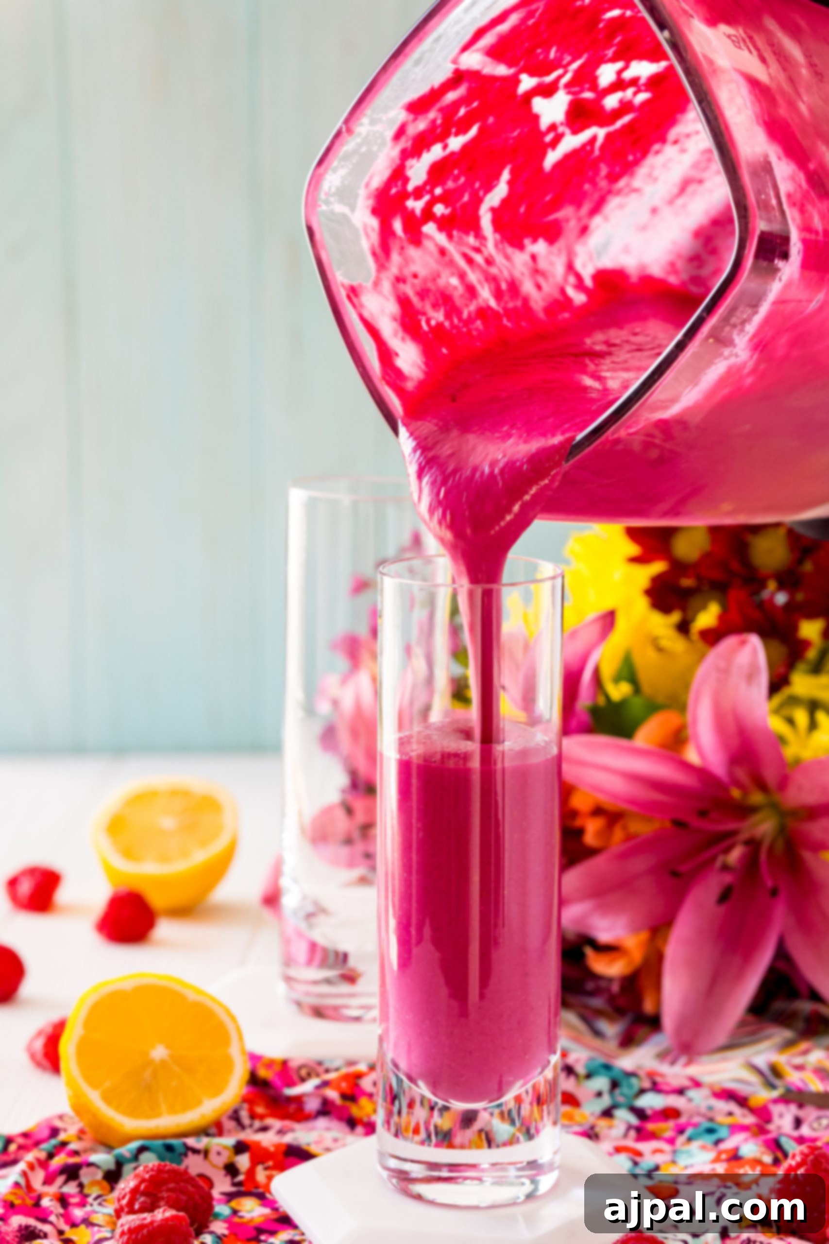 Vibrant Beet Raspberry Blend 11 A rich pink protein beet smoothie being poured from a blender into a tall glass.