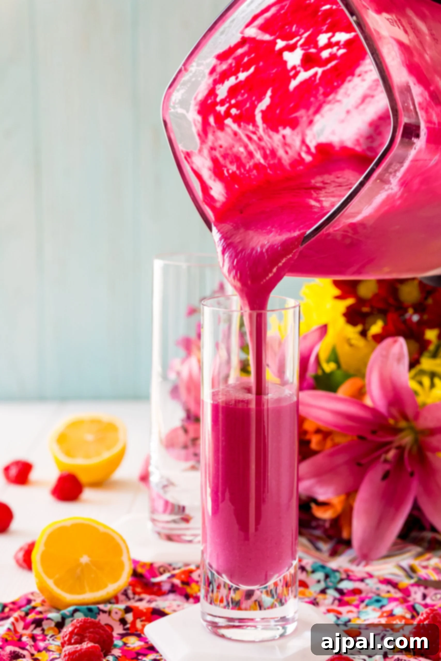 Vibrant Beet Berry Boost 11 A pink protein beet smoothie being poured from a blender into a serving glass.
