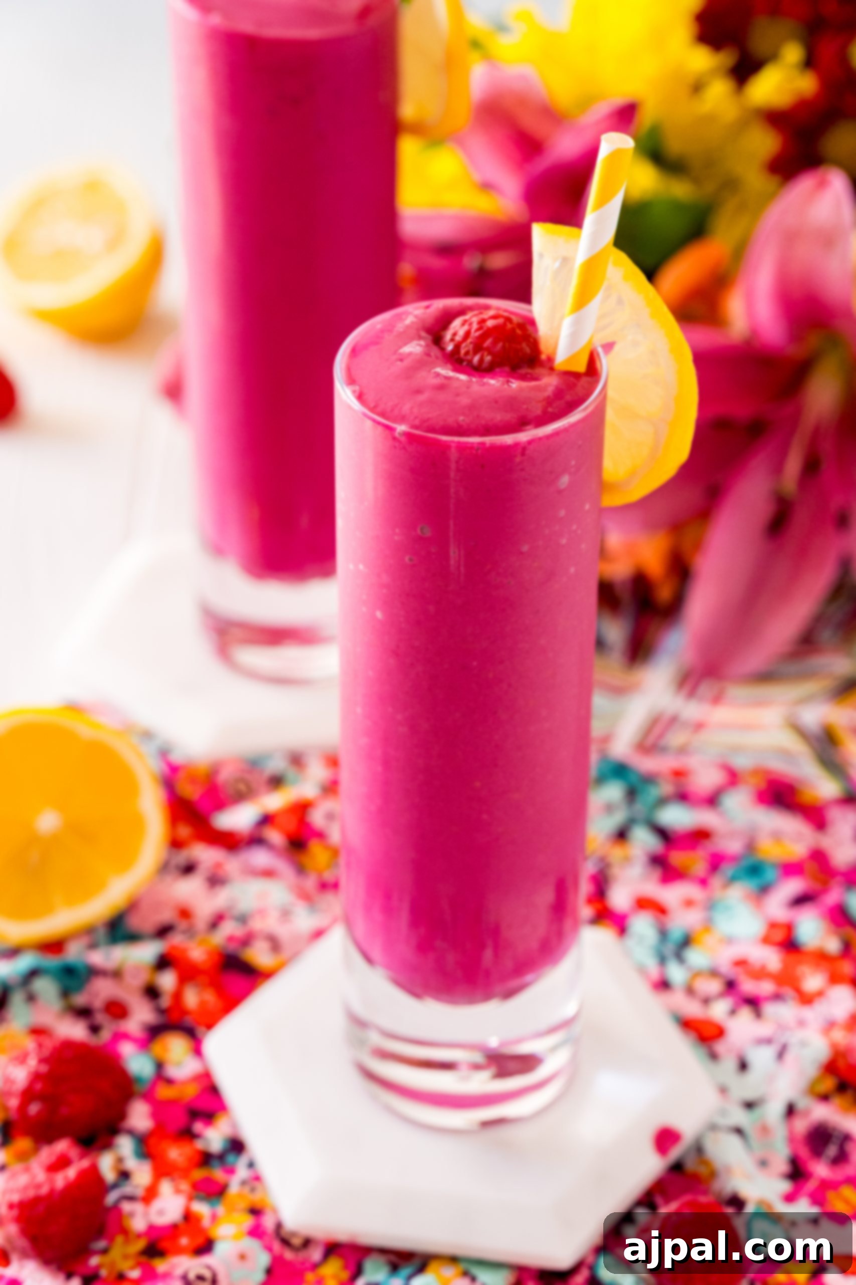 Vibrant Beet Raspberry Blend 4 Close-up of a raspberry beet smoothie, highlighting its smooth texture and rich color.