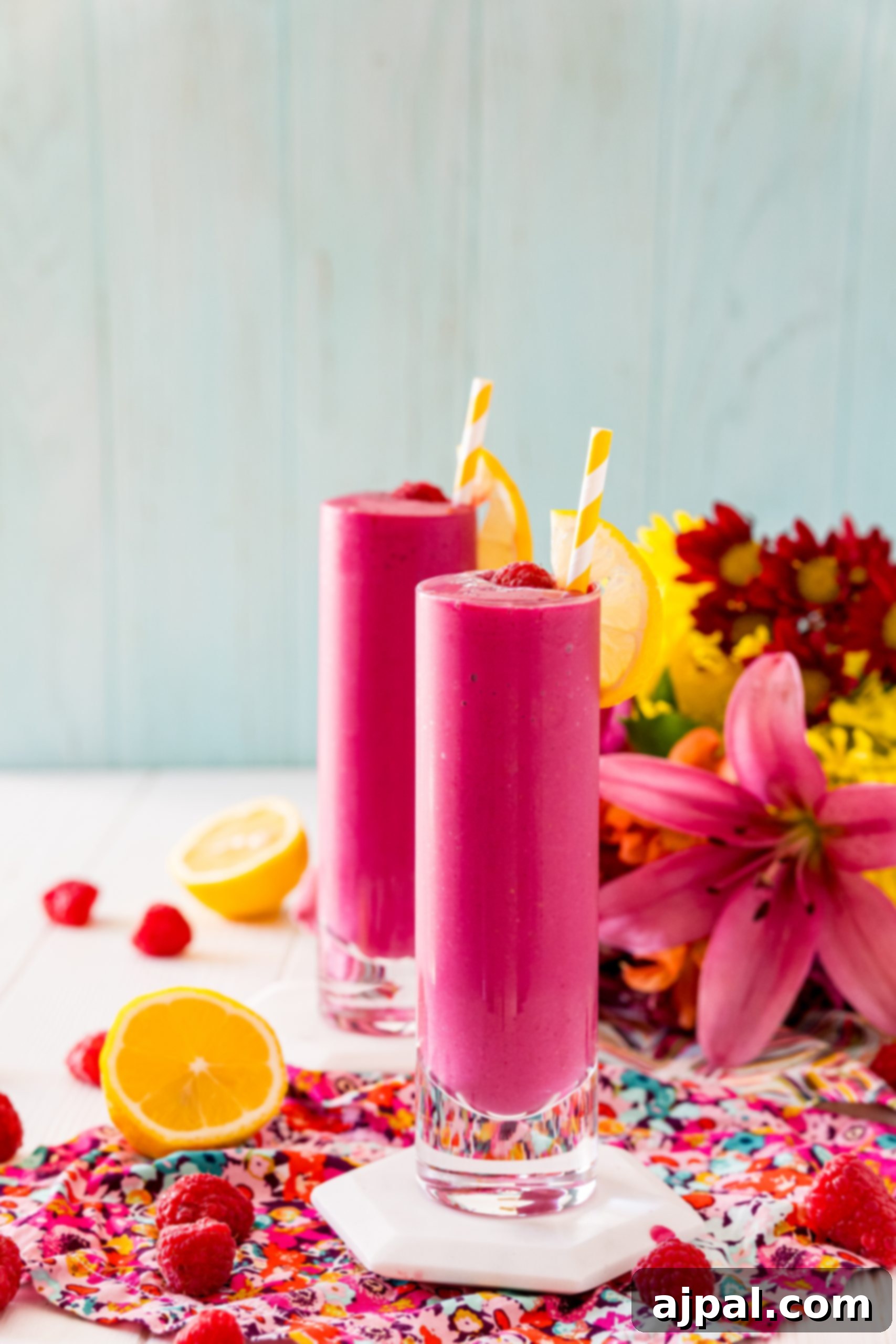 Vibrant Beet Raspberry Blend 5 Two glasses of raspberry beet smoothie alongside a bowl of cottage cheese, revealing the secret ingredient.