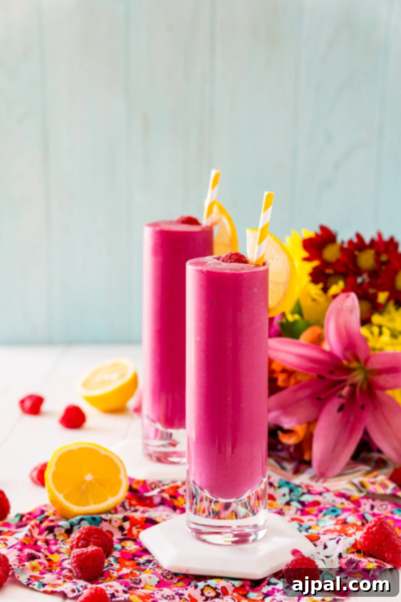 Vibrant Beet Berry Boost 5 Two glasses of raspberry beet smoothie alongside a bowl of cottage cheese, emphasizing the secret ingredient.