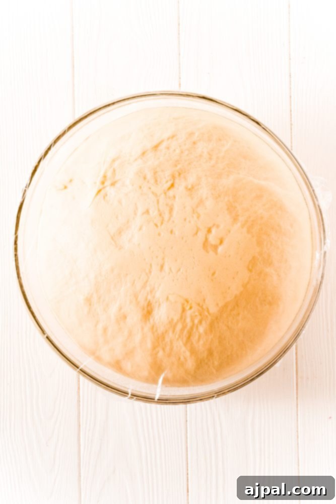 Effortless Melt-in-Your-Mouth Buttery Dinner Rolls 11 picture of bread dough wrapped in plastic wrap that has risen to the top